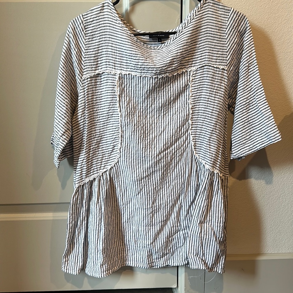 Gently worn - blue and white striped blouse with lace detail
